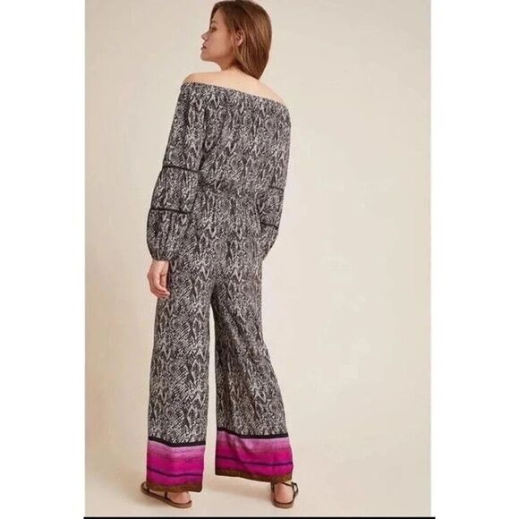 Bl^nk London Anthropologie  Animal Print Wide Leg Jumpsuit Off Shoulder Large - Picture 2 of 11